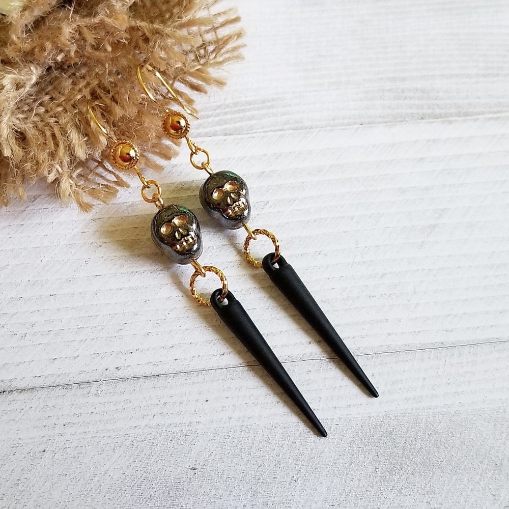 Black and Gold Skull and Spike Earrings